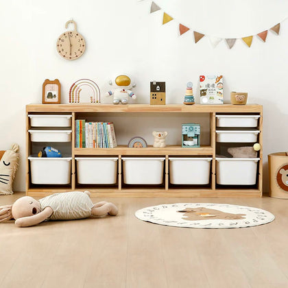  Natural pine storage cabinets arranged side by side with open shelves and removable bins