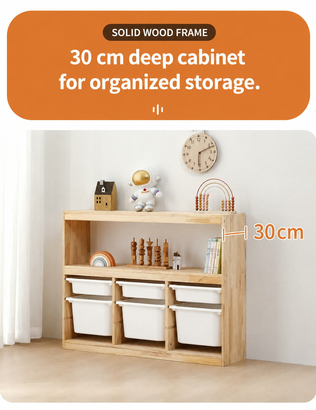  30 cm cabinet depth illustrated beside an open shelf