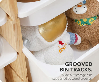  Plastic storage bin sliding in a wooden groove