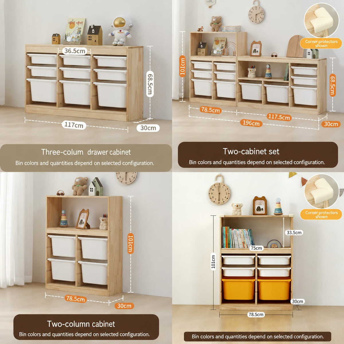  Drawer units and tall two-column cabinets with white or yellow bins