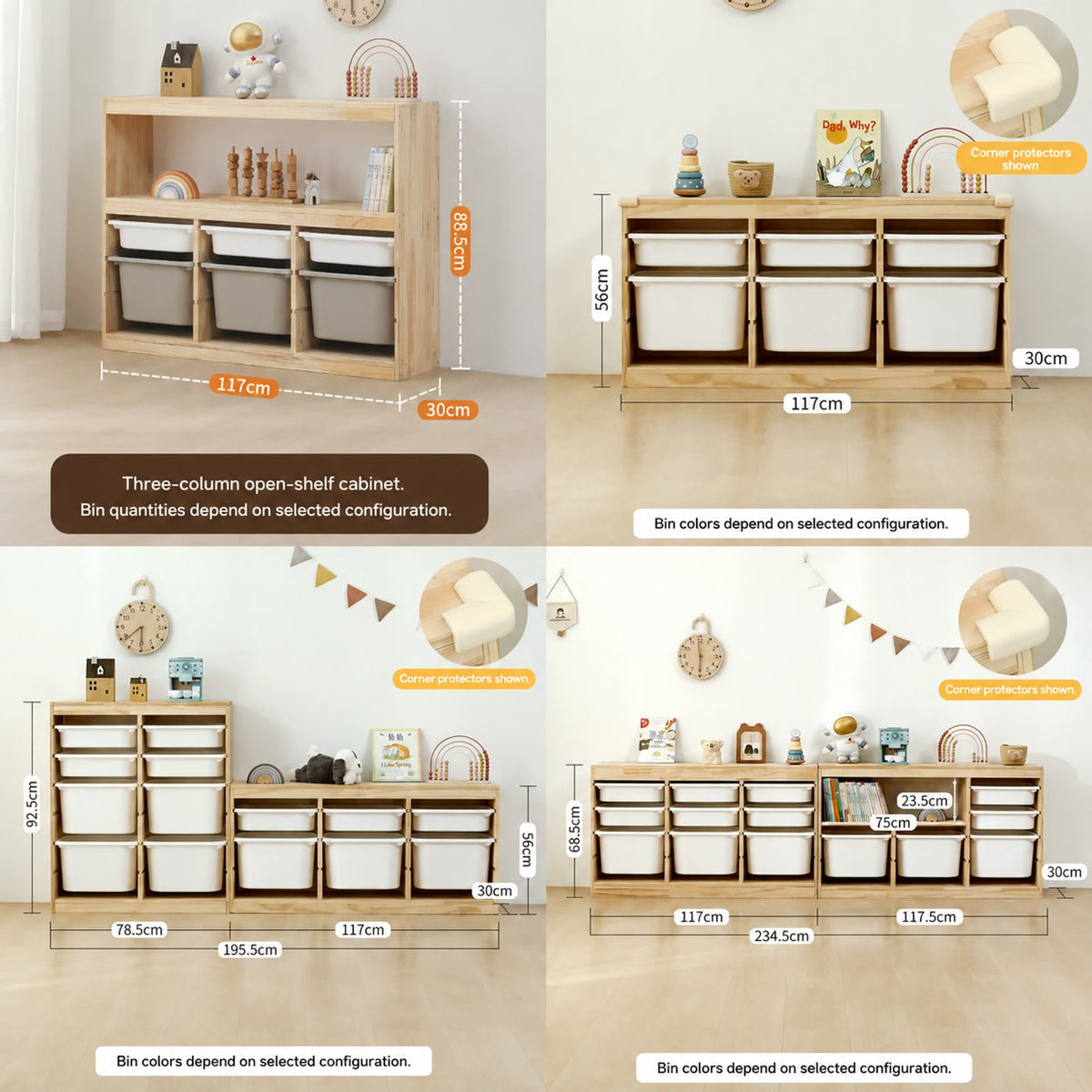  Gray-bin cabinet and paired low drawer units with overall dimensions
