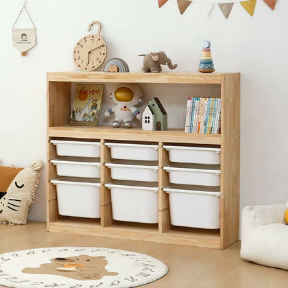  Tall three-column pine cabinet with an open shelf and white removable bins