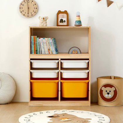  Two-column pine cabinet with yellow large bins and white shallow bins