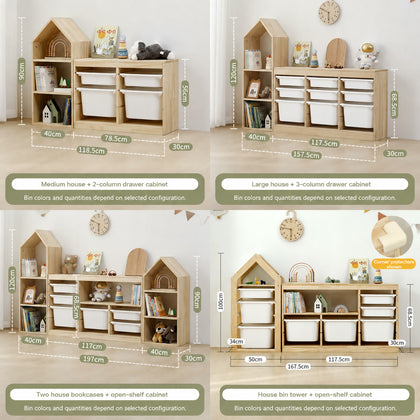  House bookcase and bin tower configurations with overall measurements