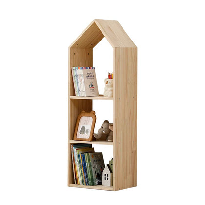  Tall natural pine house-shaped bookcase with three open compartments