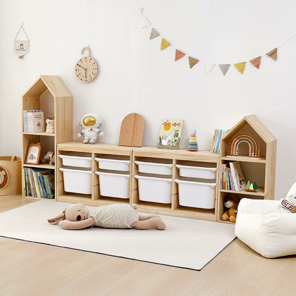  Large and medium house bookcases arranged with two low bin cabinets