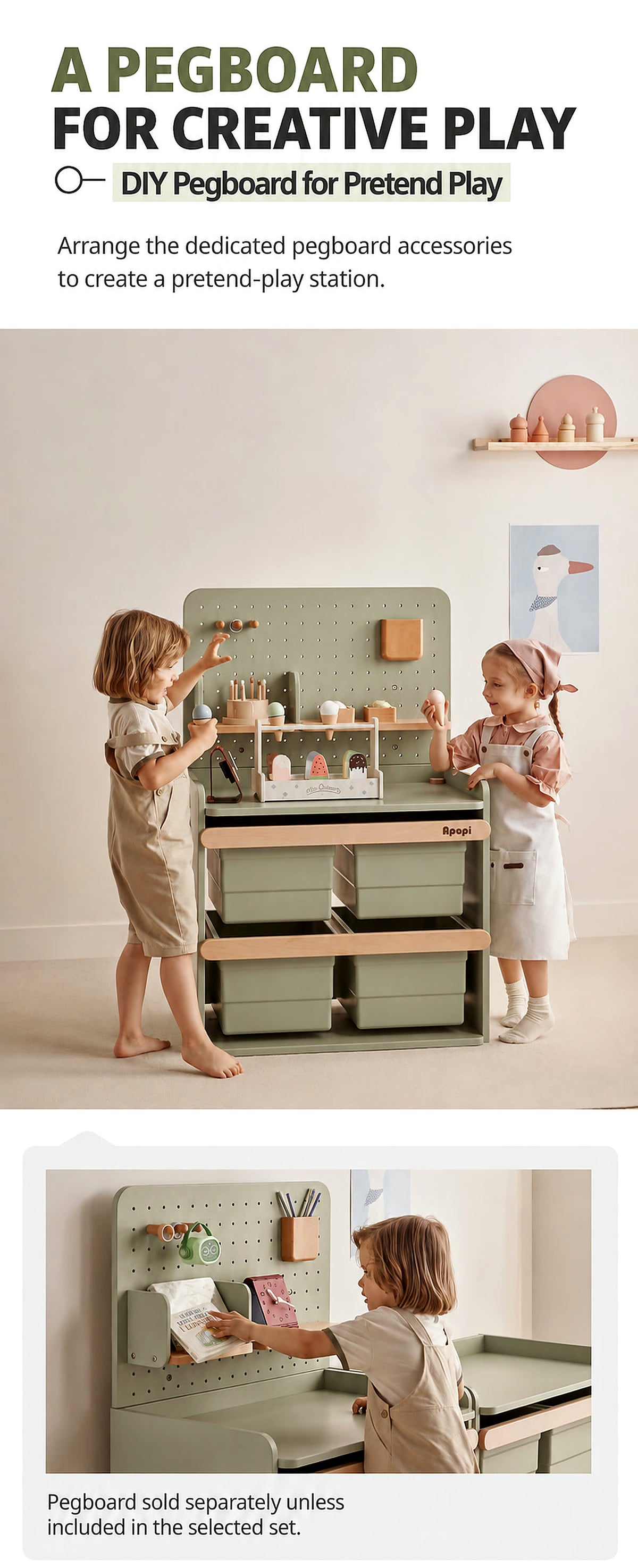  Optional pegboard above a four-bin cabinet with shelves and play accessories