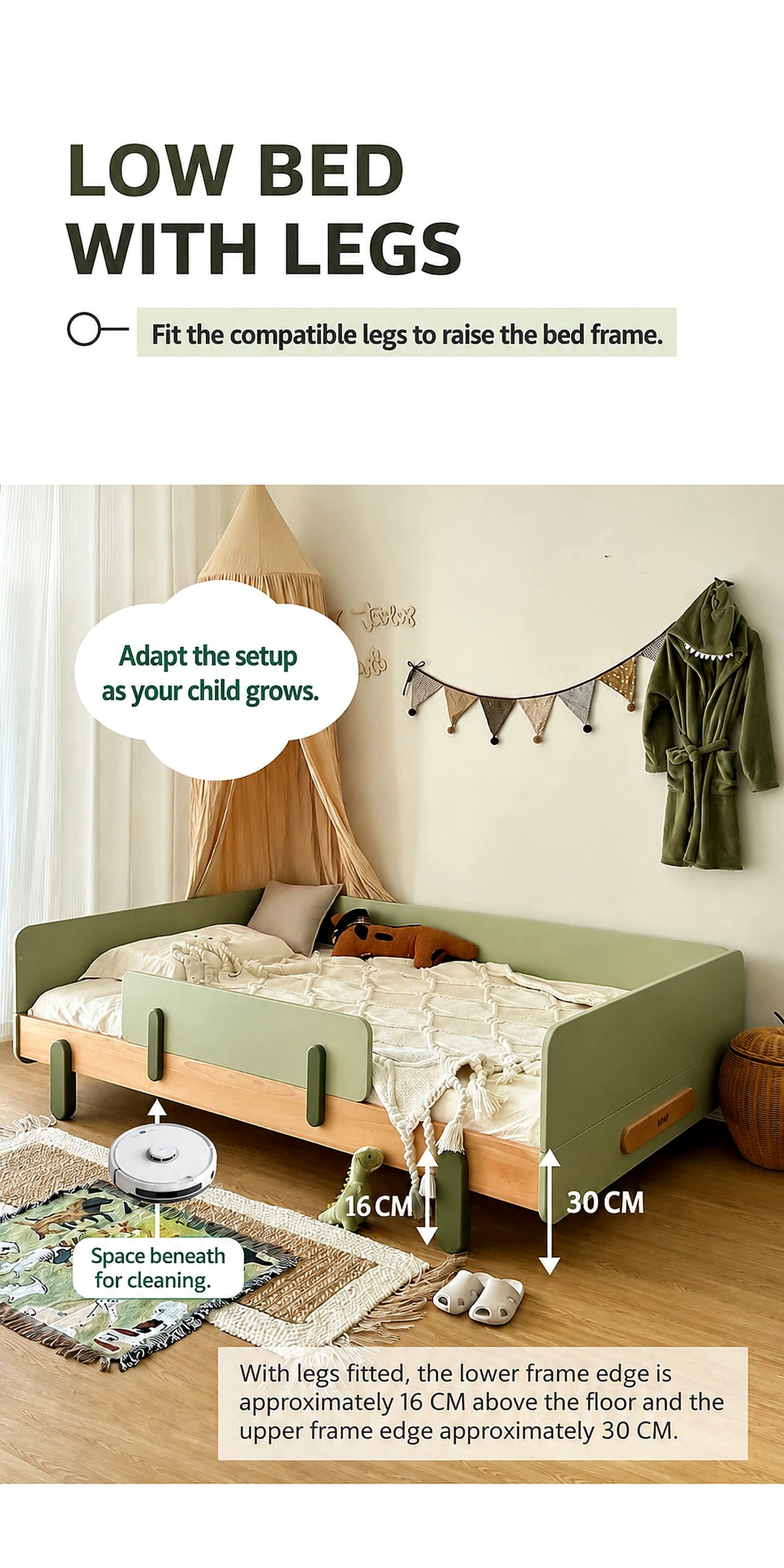  Raised non-loft bed showing 16 cm clearance and 30 cm frame-top height