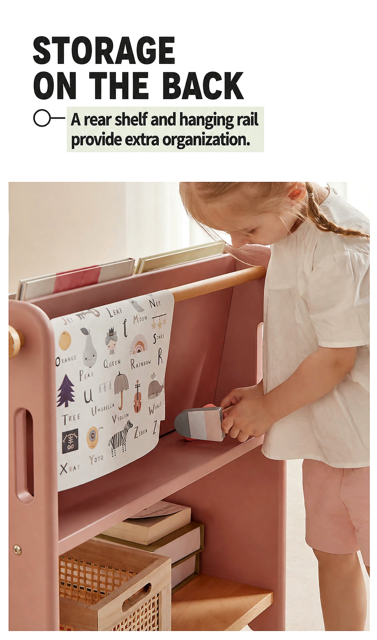  Rear shelf and hanging rail on the Cherry Pink book rack
