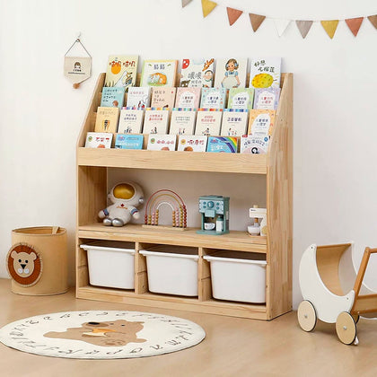 Tiered pine book display with open shelf and three lower bins