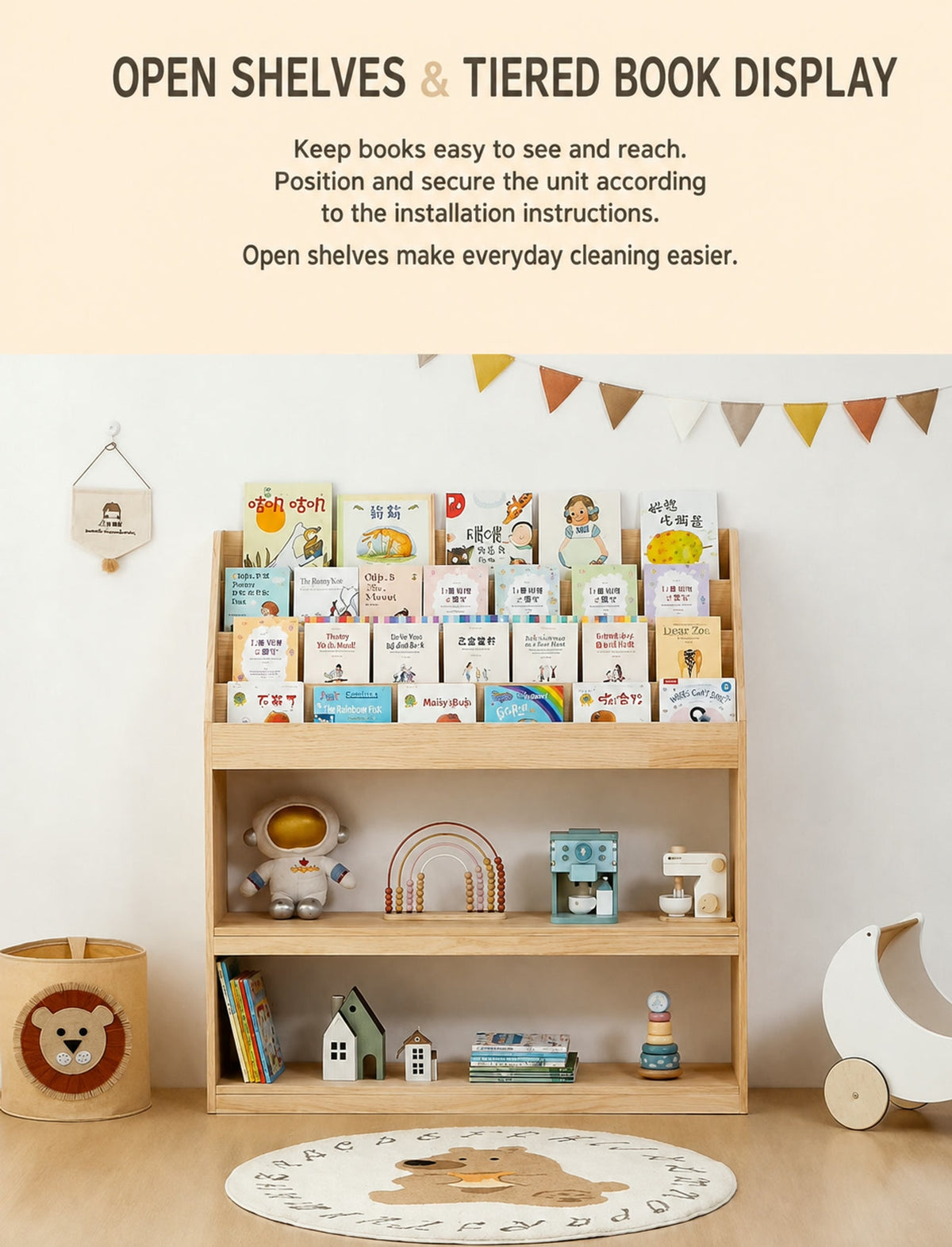  Book display without bins, showing two lower open shelves