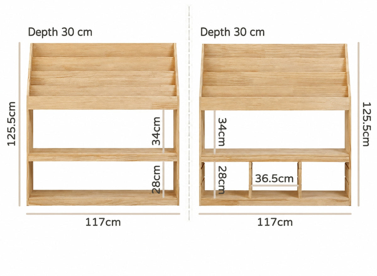  Bookcase diagrams showing 34 cm and 28 cm shelf openings