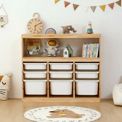  Tall three-column pine cabinet with books on an open shelf above white bins