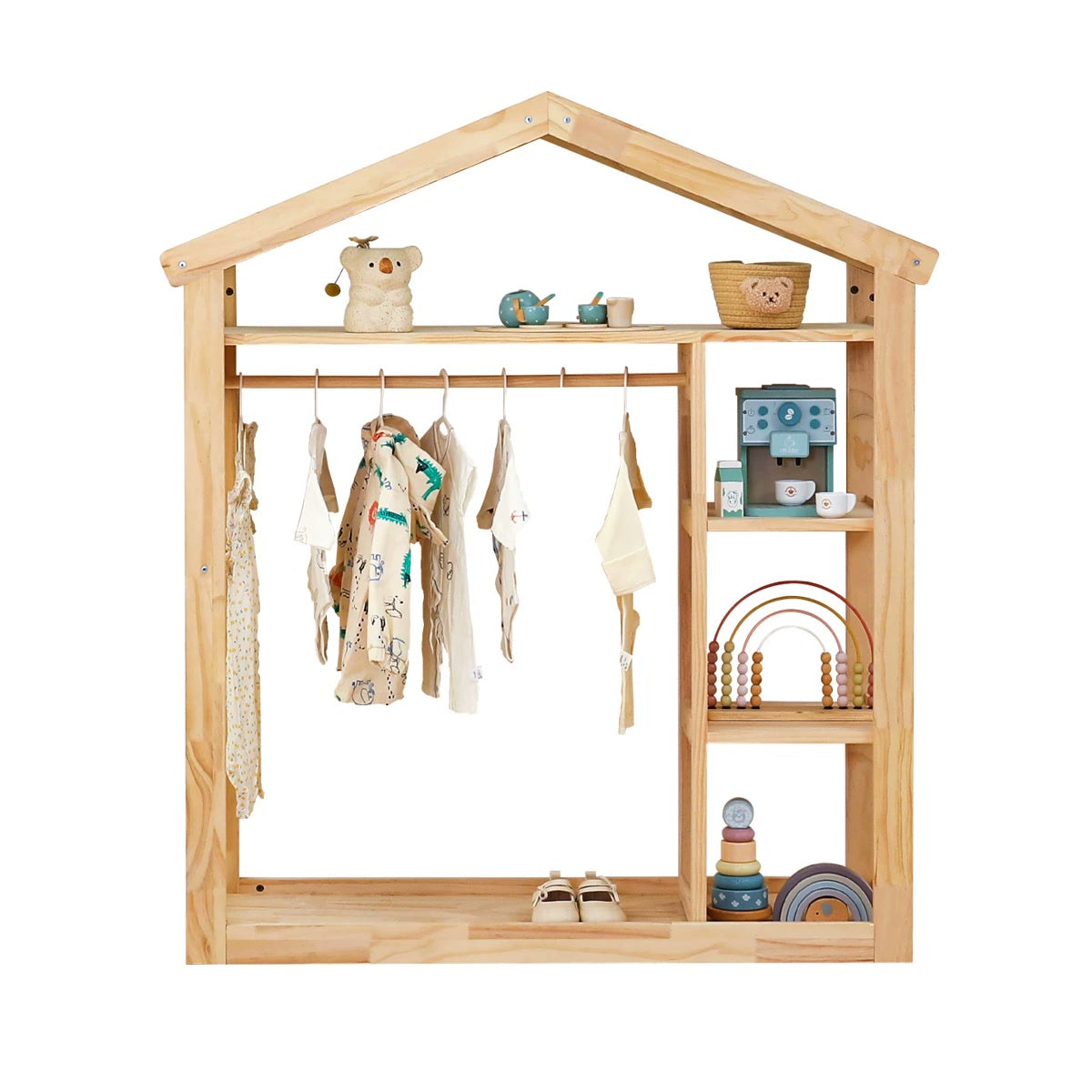 Standalone house-shaped pine clothes rack with hanging rail and side cubbies