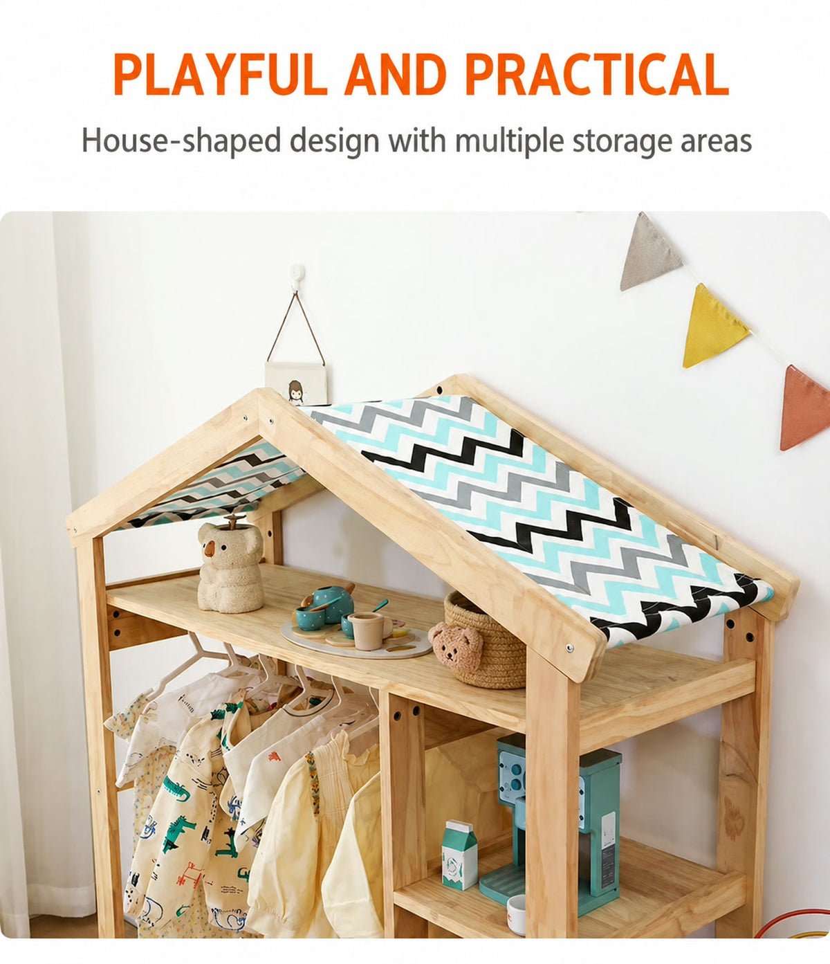 Pitched patterned fabric roof and upper display shelf