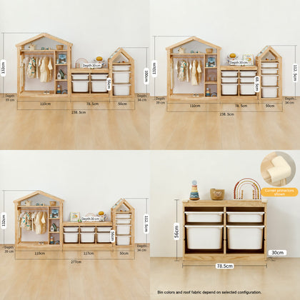  Three-unit clothes rack arrangements and low two-column cabinet dimensions