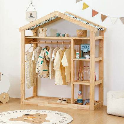  Three-quarter view of the clothes rack showing patterned fabric roof and side shelving