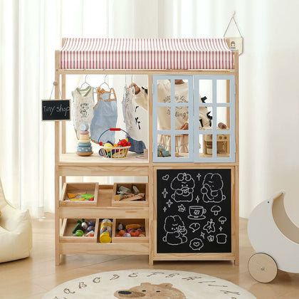  Pine play shop with striped canopy, open shelves and chalkboard