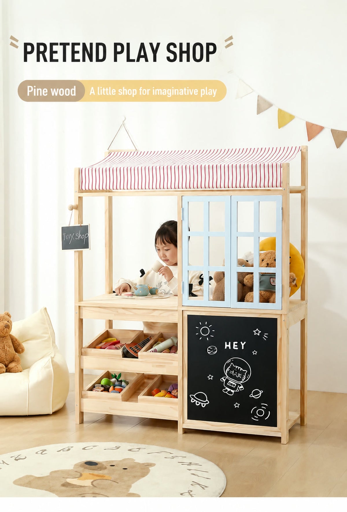  Pine play shop styled with toys and a striped canopy