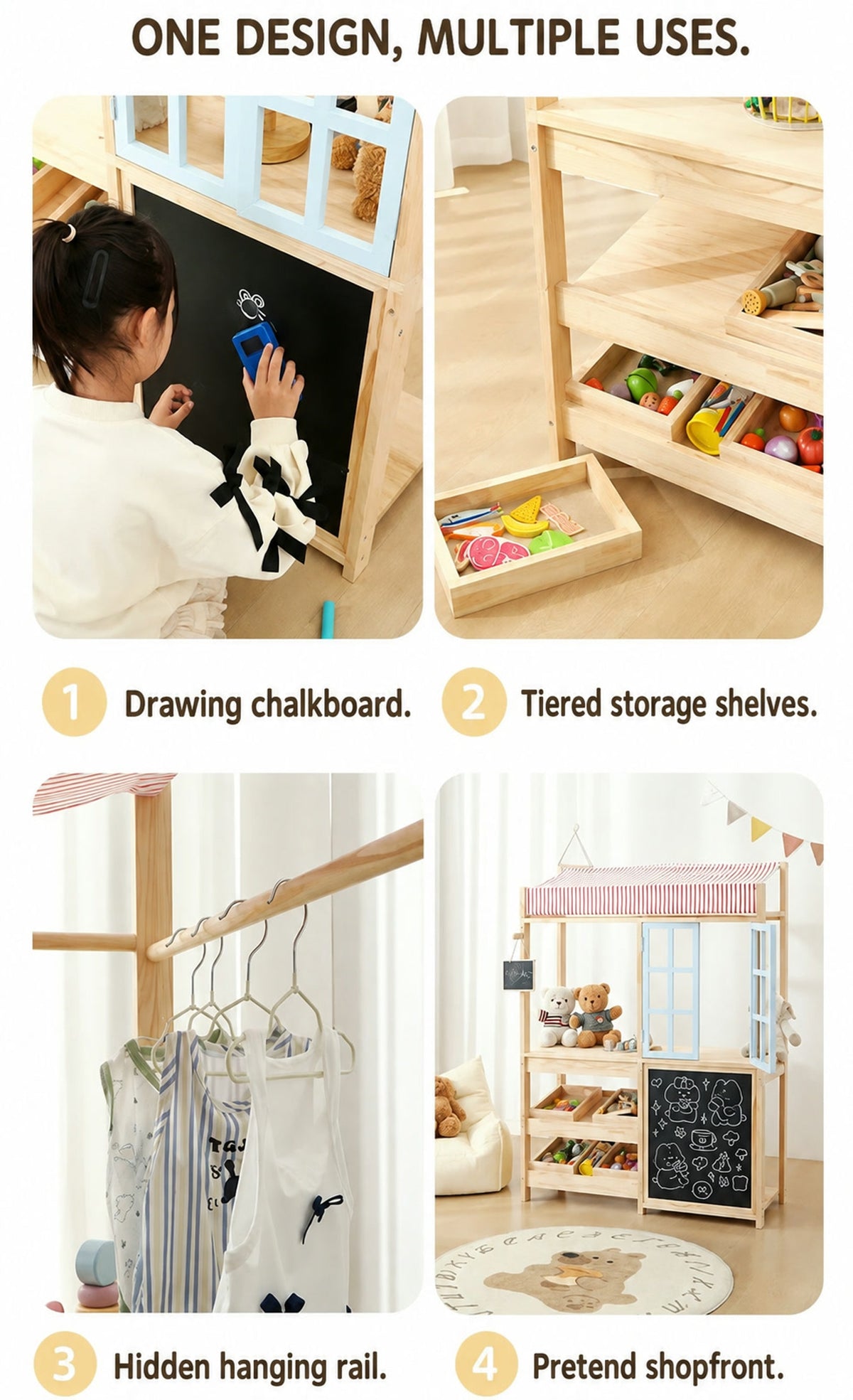  Chalkboard, tiered shelves, hidden hanging rail and storefront details