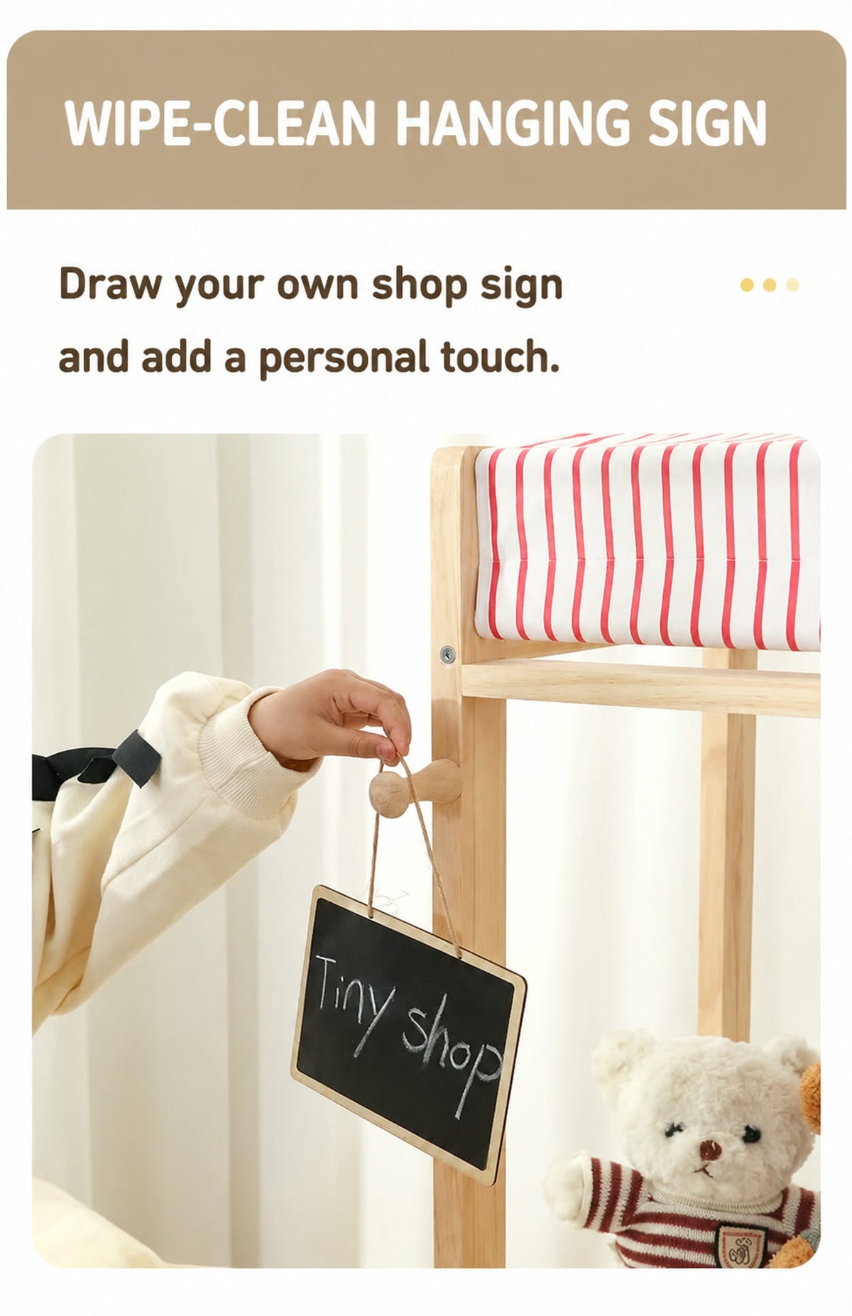  Small hanging chalkboard sign beside the shop canopy