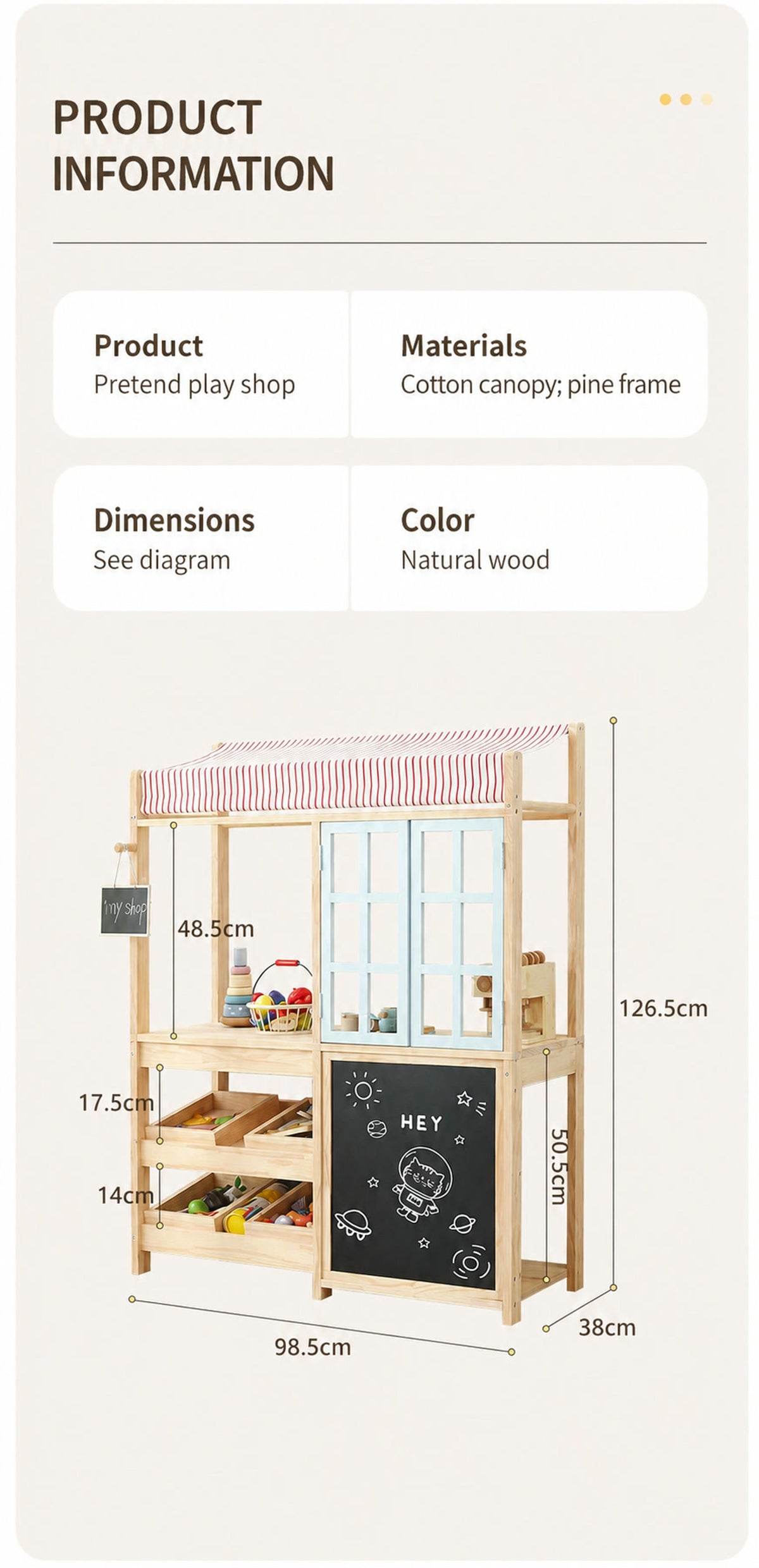  Pine shop dimensions, including overall width, depth and height