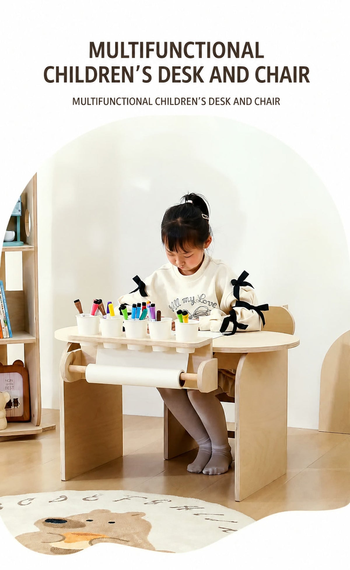  Child drawing at the curved plywood desk
