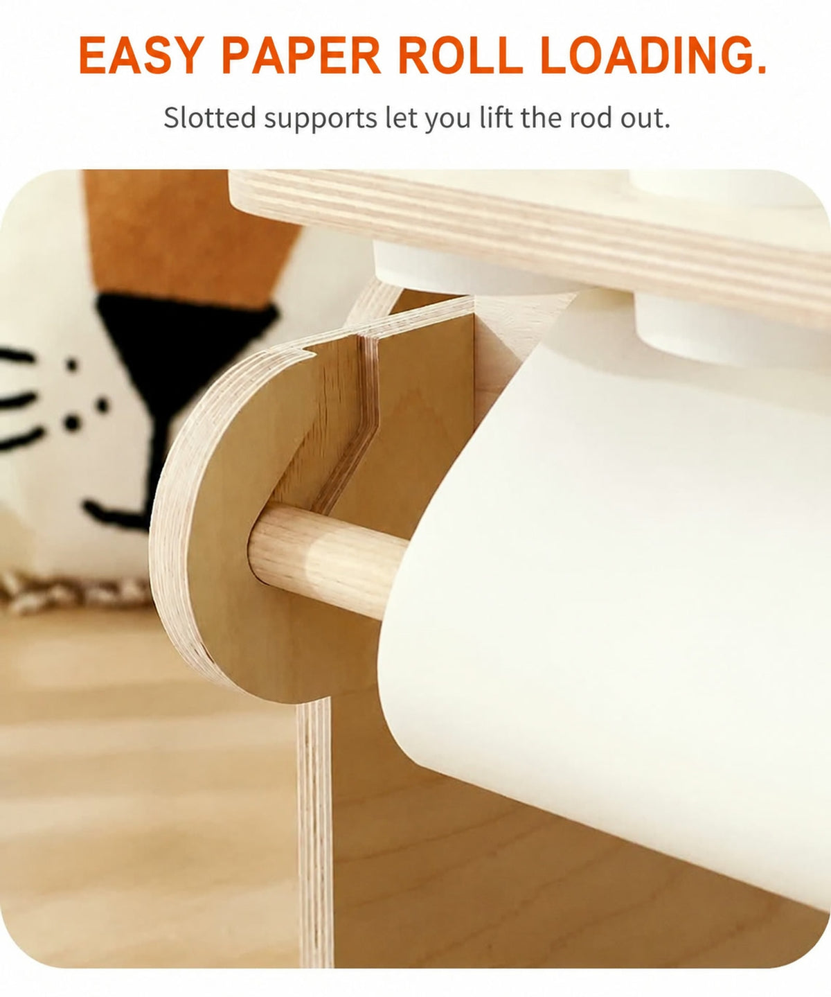  Lift-out paper-roll rod seated in slotted supports