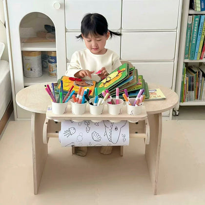  Front view of the art desk with cup holders and paper feed in use