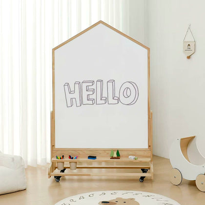  House-shaped magnetic whiteboard on a pine rolling base