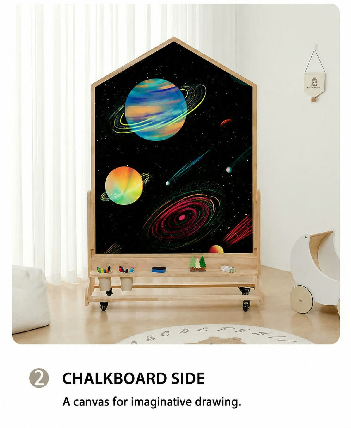  Chalk drawing on the black face of the house-shaped board