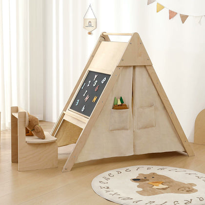  Tent with desk folded up to expose the chalkboard