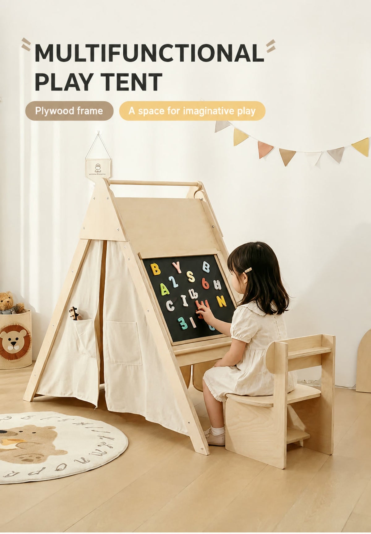  Plywood play tent with integrated activity features
