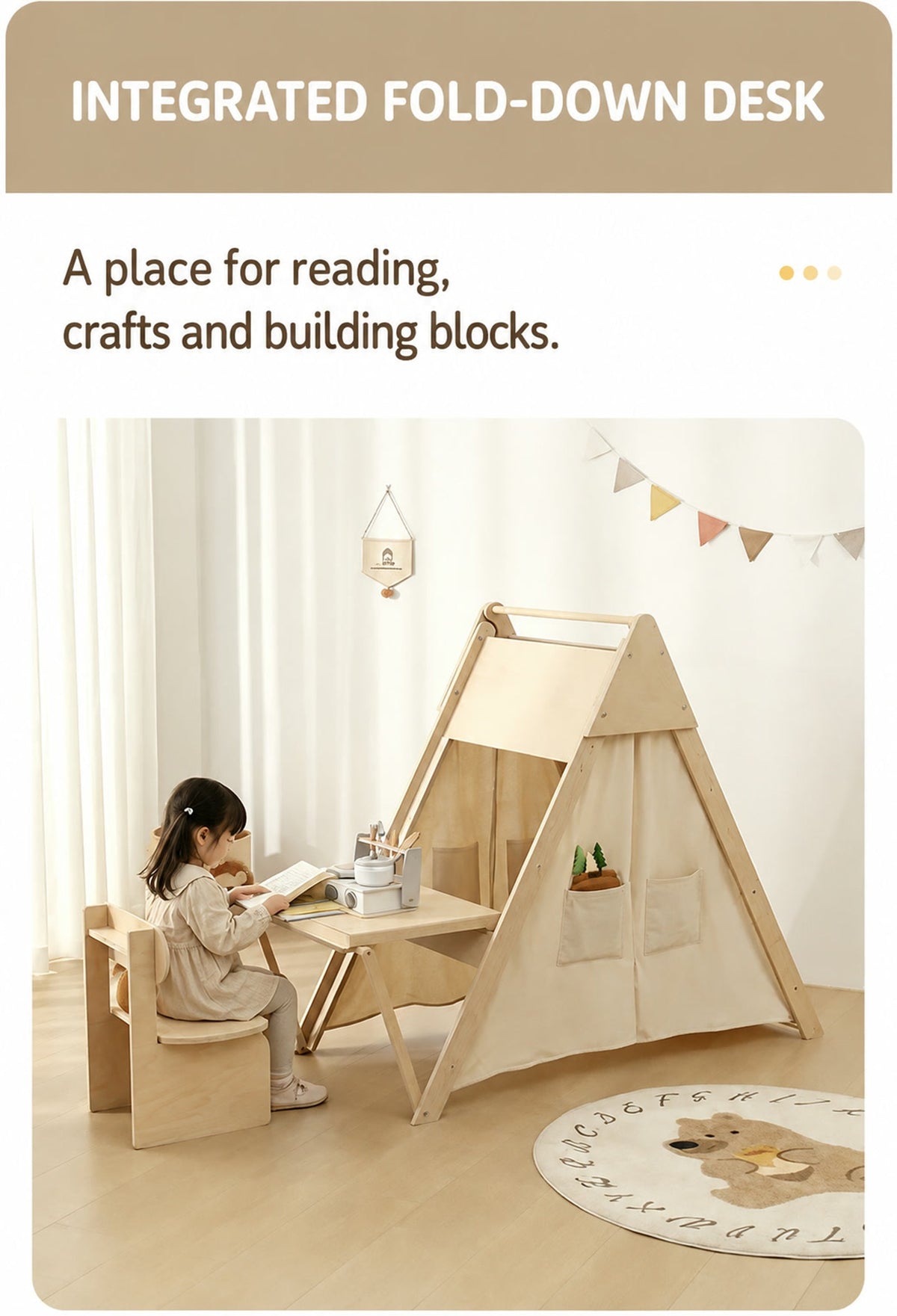  Fold-down desktop used for reading and play