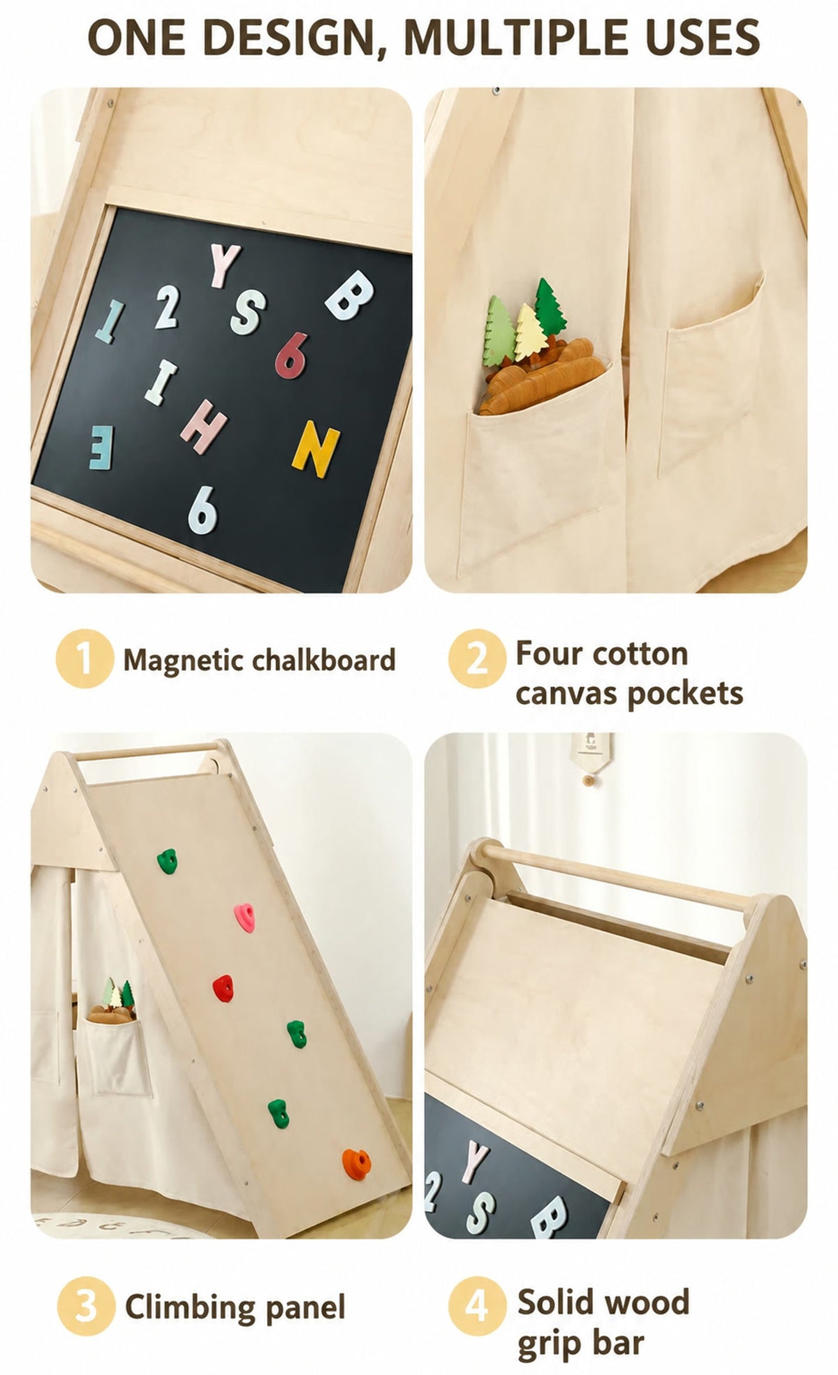  Chalkboard, four pockets, climbing panel and solid-wood grip bar