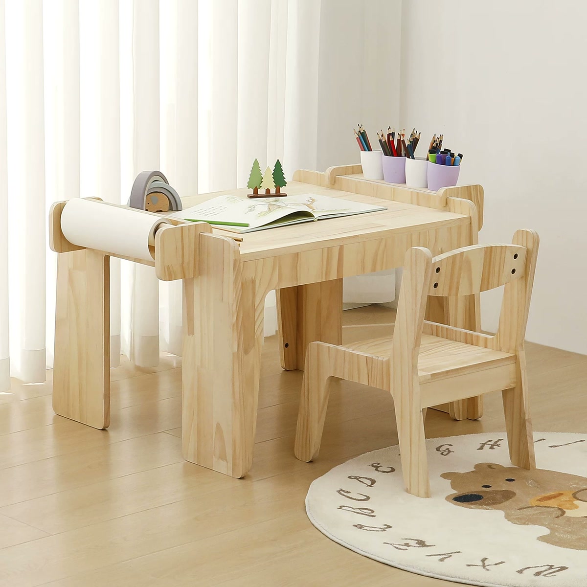 Pine activity desk with side holders and matching chair