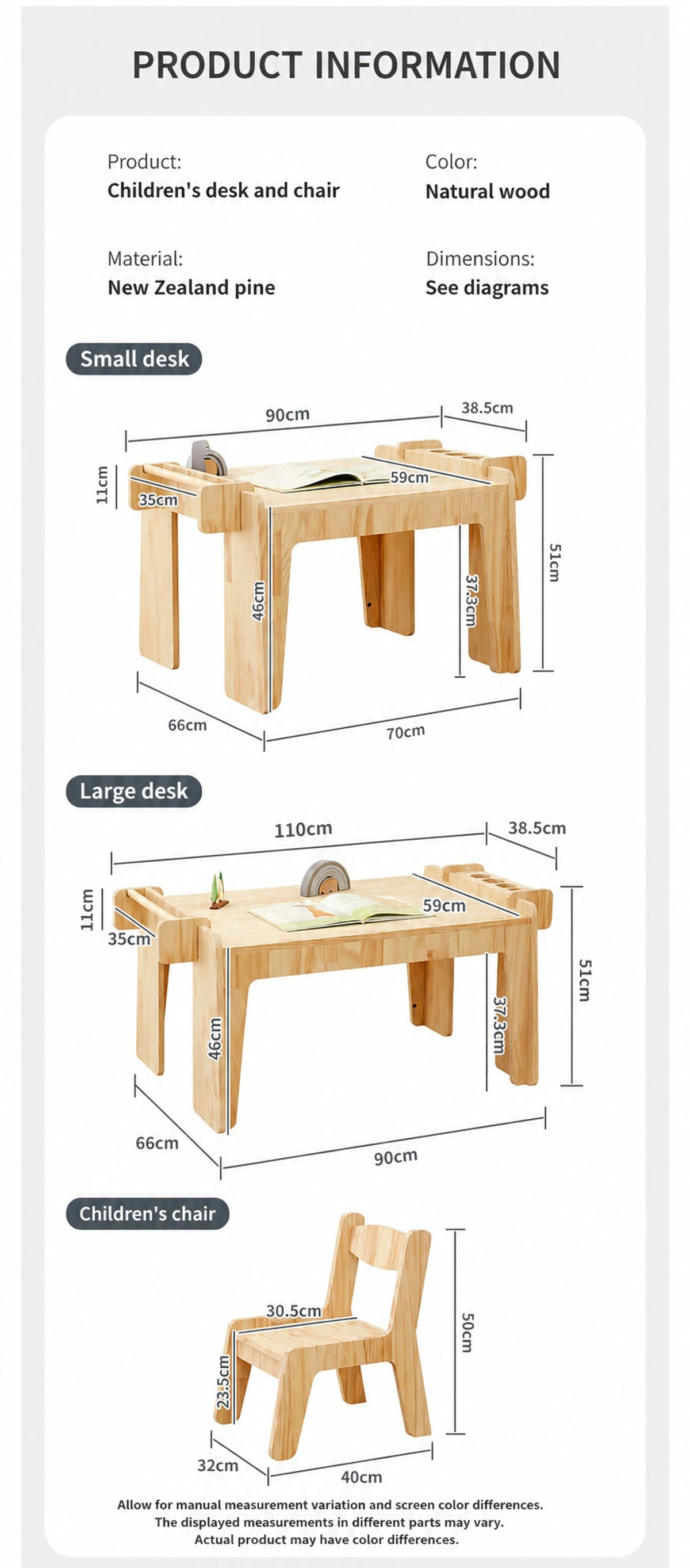  Small and large desk diagrams and chair seat-height measurements