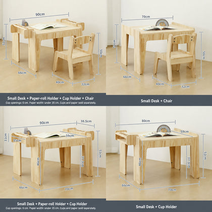  Four small desk configurations and their overall dimensions
