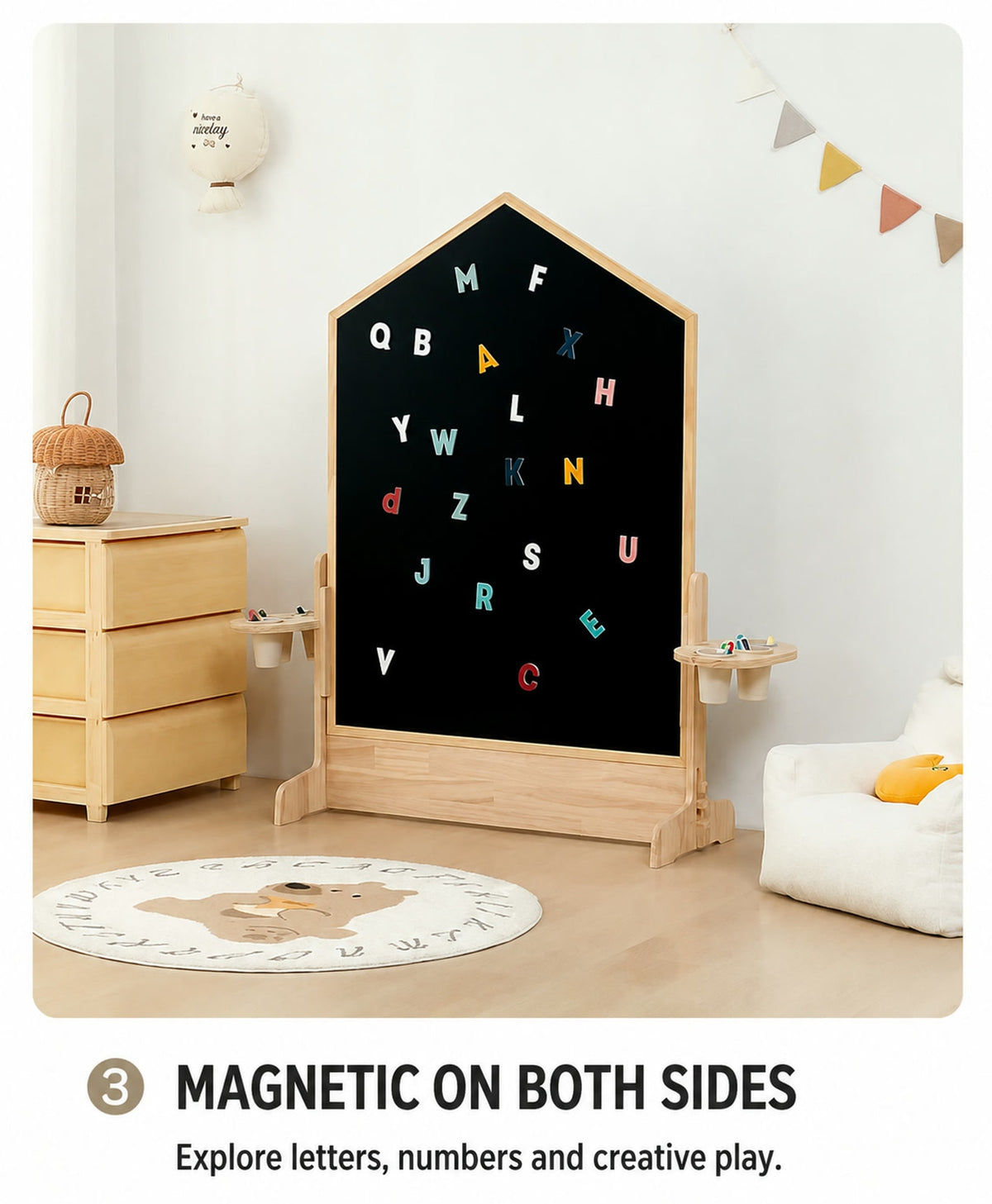  Letter magnets on the black face of the board