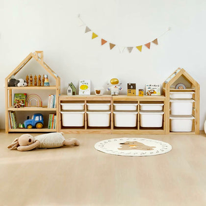  Wide storage arrangement with a chimney bookcase and a narrow house cabinet
