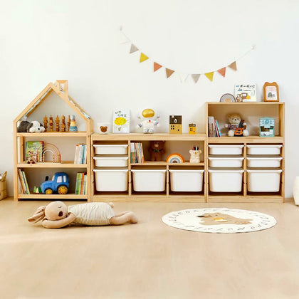  Mixed-height cabinets beside the chimney bookcase