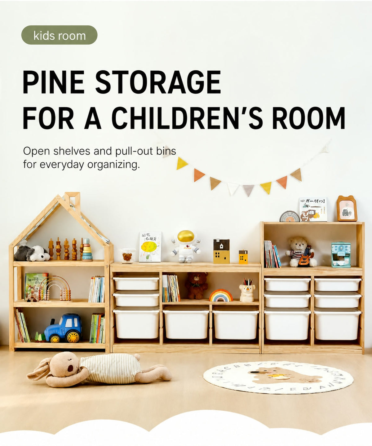  Pine cabinets combining open shelves and removable bins
