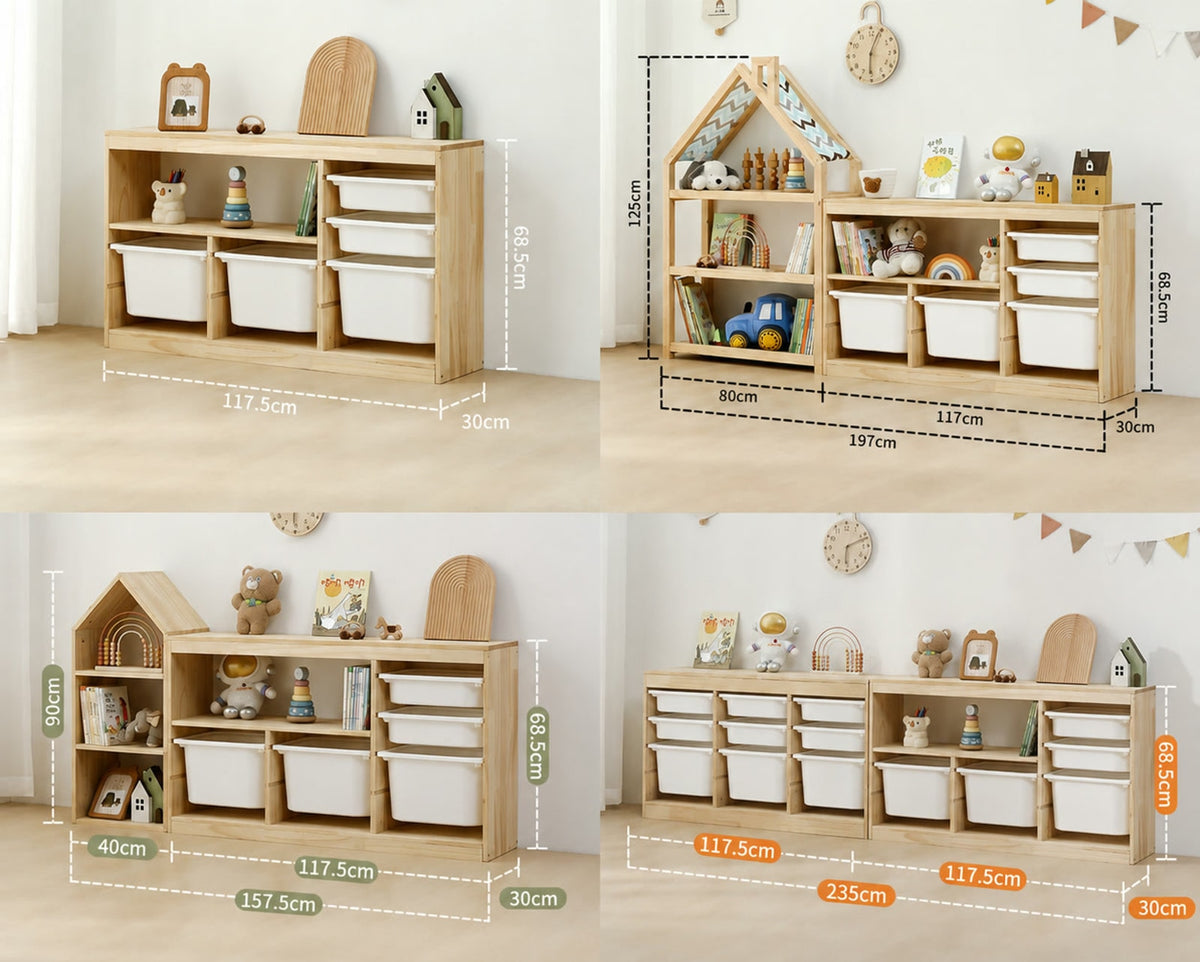  Configurations 1 to 4: open-shelf cabinet, chimney, medium house and paired cabinets
