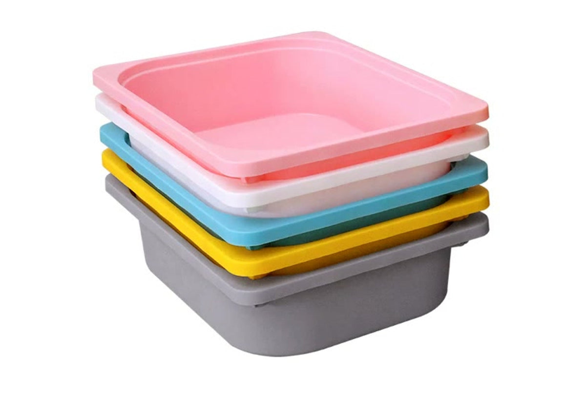  Storage bins shown in pink, white, blue, yellow and gray; confirm selected colors