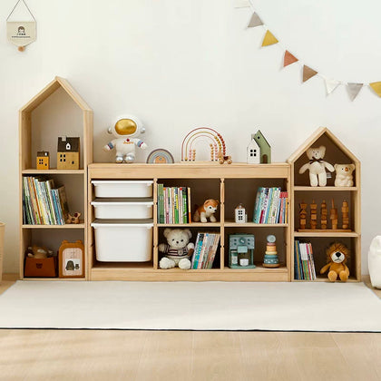  Large and medium house bookcases flanking a low toy cabinet