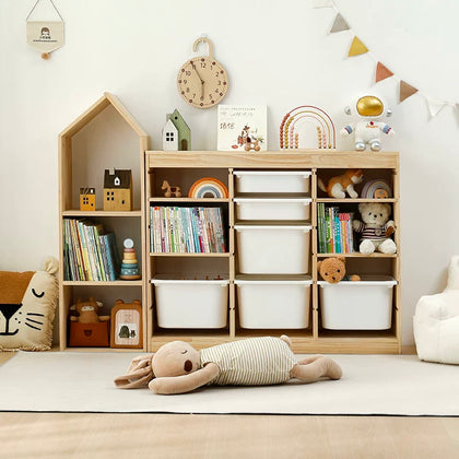  Tall house bookcase beside a six-level cabinet with open shelves and bins
