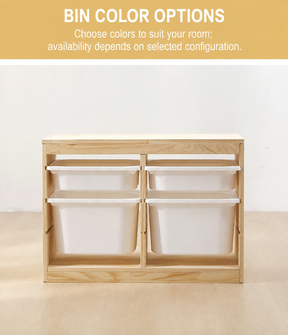  Two-column pine cabinet with white bins and request-based color options