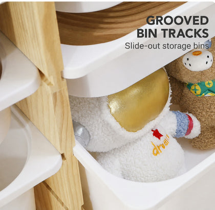  Pull-out white bin supported in grooved wooden tracks
