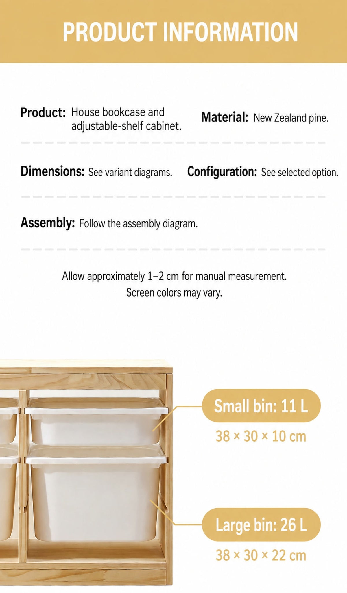  Pine material information and small and large bin dimensions