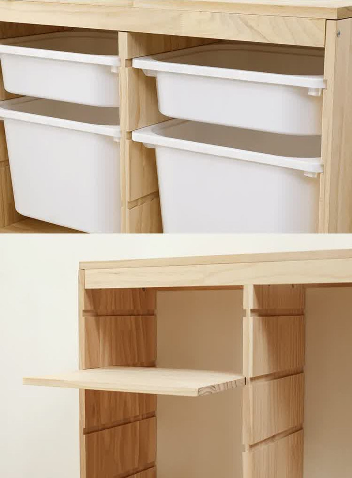 Close-ups showing how a shelf board replaces pull-out bins